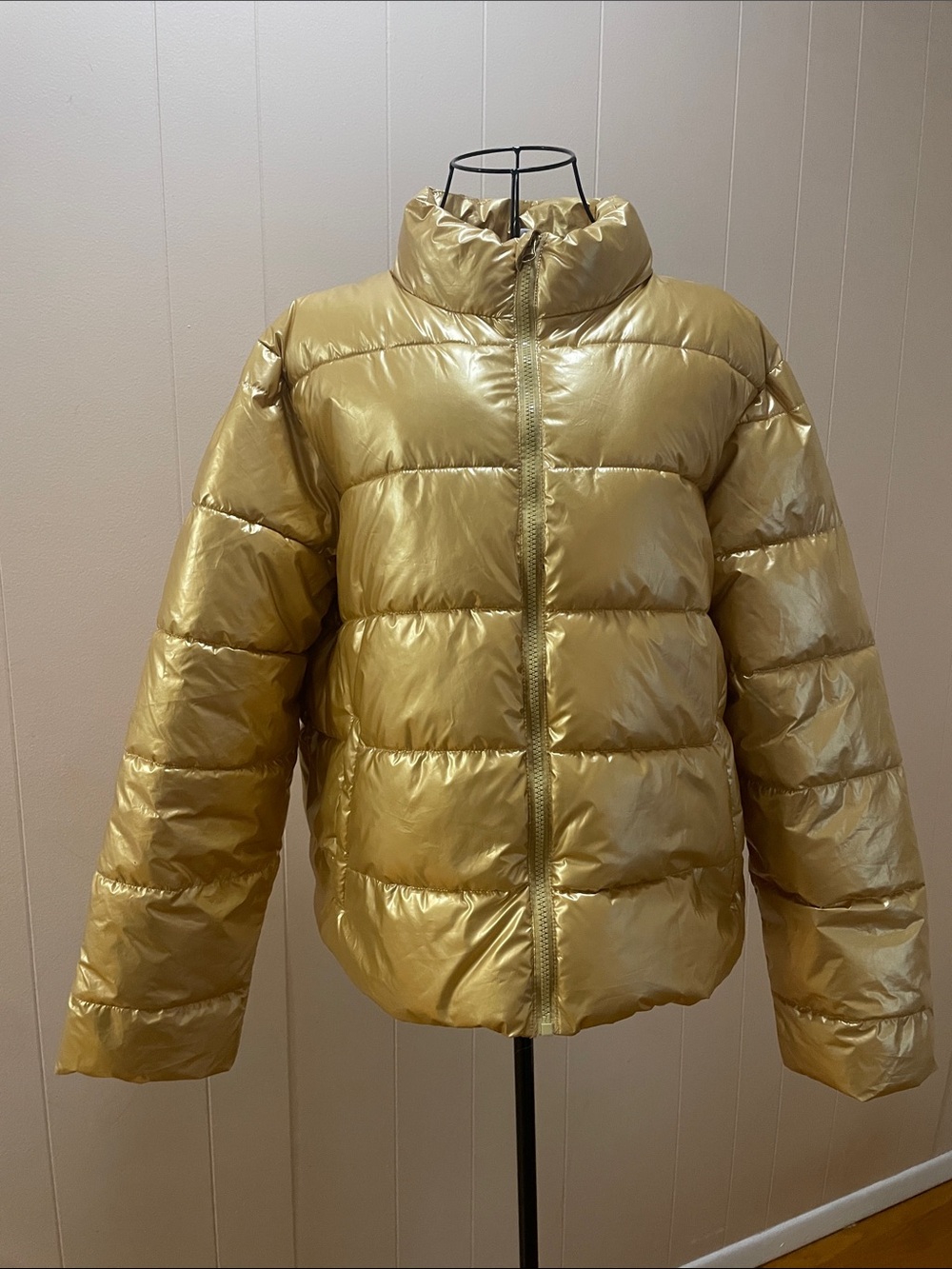 Shimmer Quilted Metallic Gold Puffer Jacket